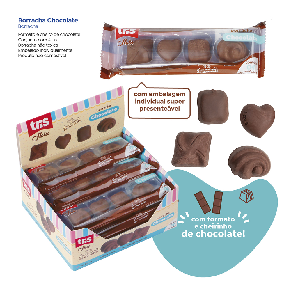Borracha Chocolate Holic Docinhos com cheiro – Embalagem C/ 4 unidades – Tris